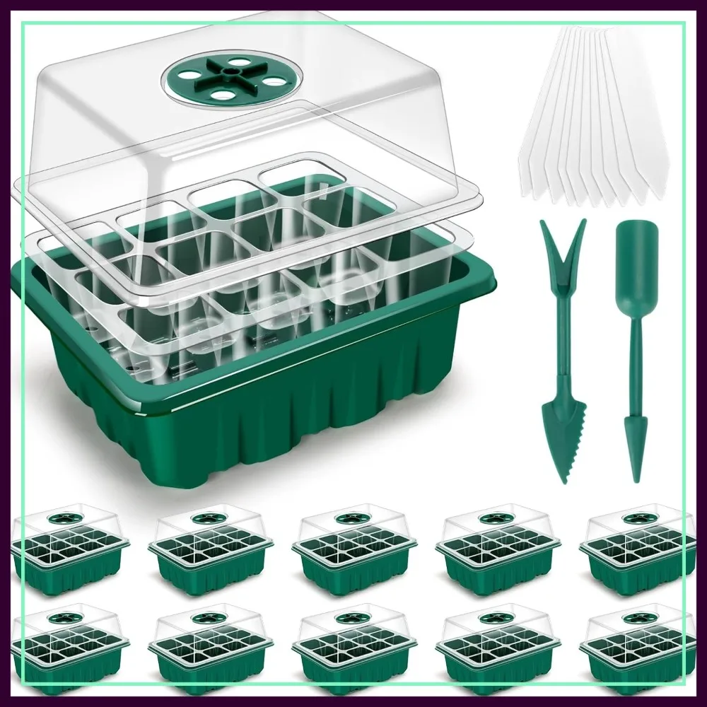 

3rd Gen Seed Starter Tray, 10 Packs (120 Cells), Thick Tray with Adjustable Humidity Dome, Plant Germination Kit