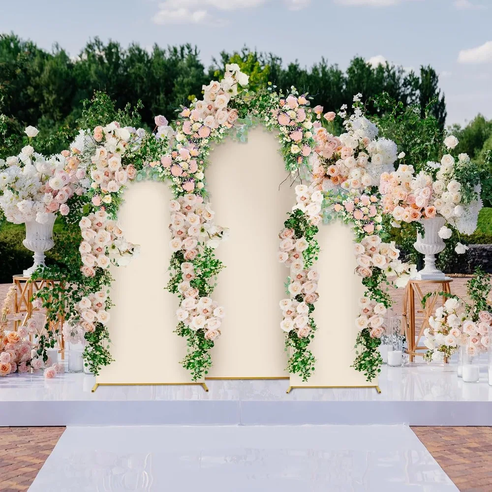 3 Sets Gold Metal Wedding Arch Arched Backdrop Stand and 3 Pcs Arch Cover 6ft/5ft/4ft Garden Arbor Frame Birthday Party Ceremony