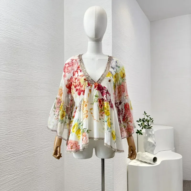 2024 New Arrivals High Quality Flowers Colors Flowers Print 3/4 Batwing Sleeves V Neck Diamonds Pressed Blouse Tops