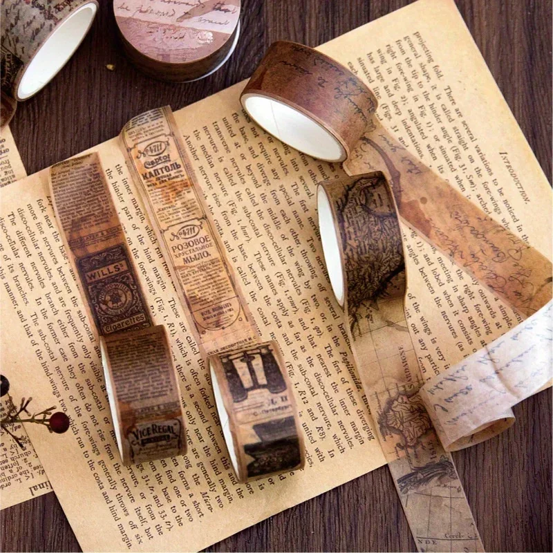 Vintage Script Washi Tape Retro Newspaper Postmark Floral Decorative Tape for Junk Journal Scrapbooking Planner DIY Art Craft
