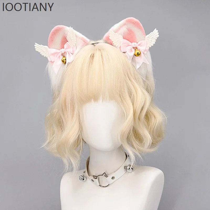 IOOTIANY Damska Urocza Opaska Lolita ze Skrzydłami, Wstążką, Kokardą, Dzwoneczkami, Uszami Misia, Pluszowym Ogonem, Futrzane Uszy Kota/Lisa, Zestaw Akcesoriów do Włosów 2025