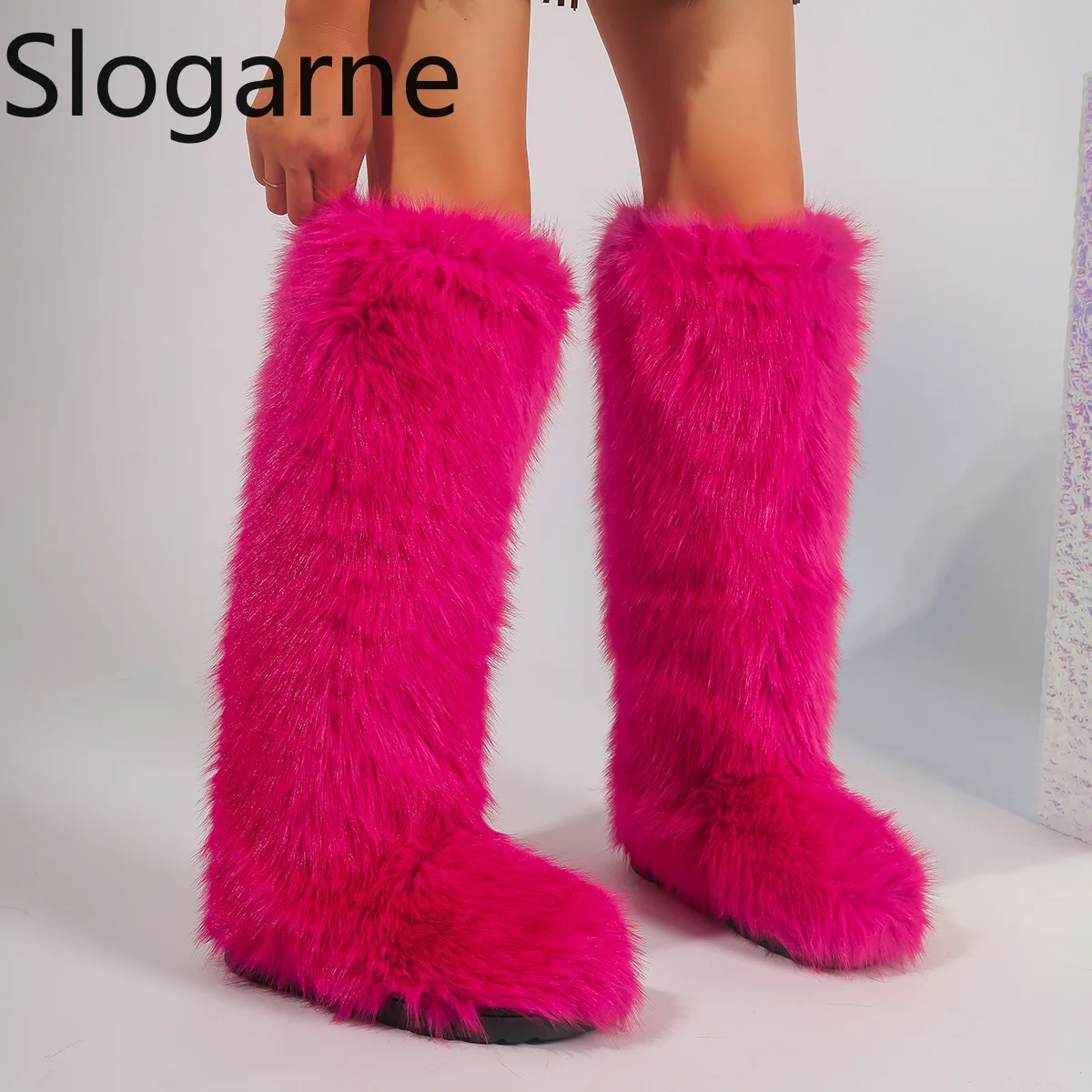 Women New Faux Fox Fur Long Boots Knee High Light Colour Fur Snow Boots Ladies Platform Push Shoes Drop Shipping Winter Shoes