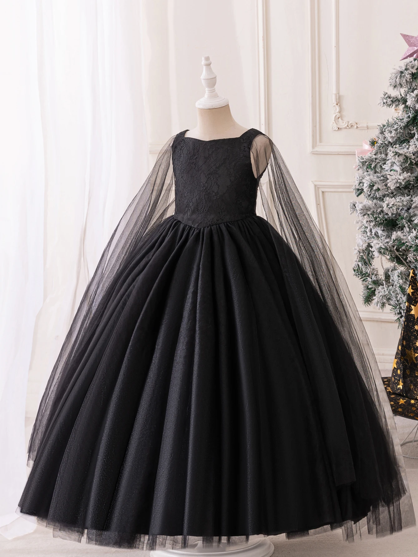 Princess Flower Girl Dress Black Floor Length Tulle Ball Gown Summer Tutu Dress for Wedding Birthday Party