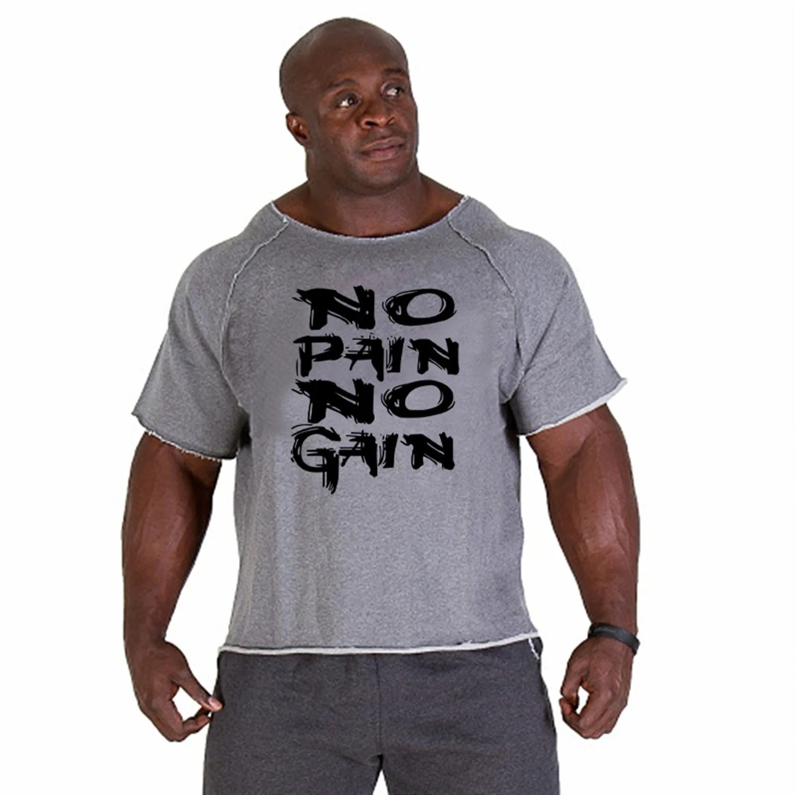 Men\'s Cotton Casual T Shirts Fitness Men Bodybuilding Shirt Batwing Sleeve Rag Shirt Gym Wear Muscle Running T-shirt Round Neck