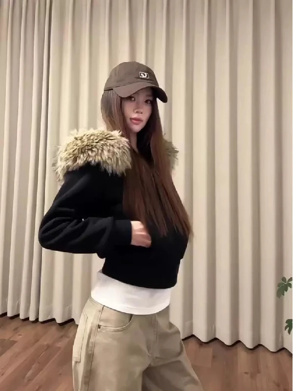 Korean Style Zipper Hooded Jacket Women's Slim Fit Short Padded Coat Black Fur Collar Autumn Winter Fashion Casual Top