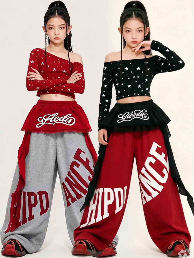 Kids Hip Hop Crop Top Contrast Loose Joggers Pants Girls K-pop Jazz Dance Clothes Sets Child Girl Group Streetwear Teens Costume