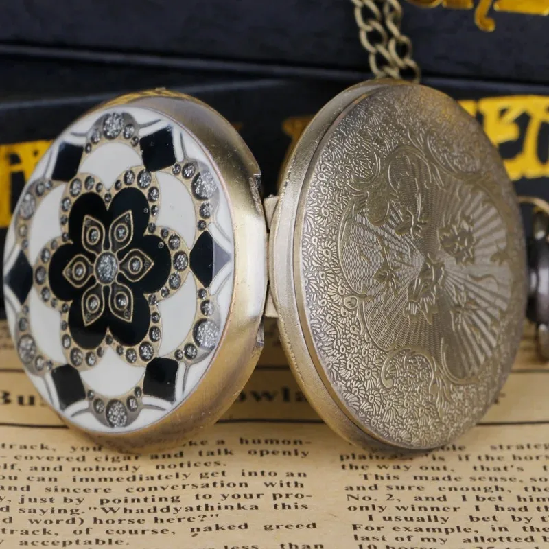 ساعة جيب كوارتز كريستالية كريستالية من النحاس البرونزي والزهرة البيضاء مع سلسلة قلادة وسلسلة بدلاية للرجال والنساء