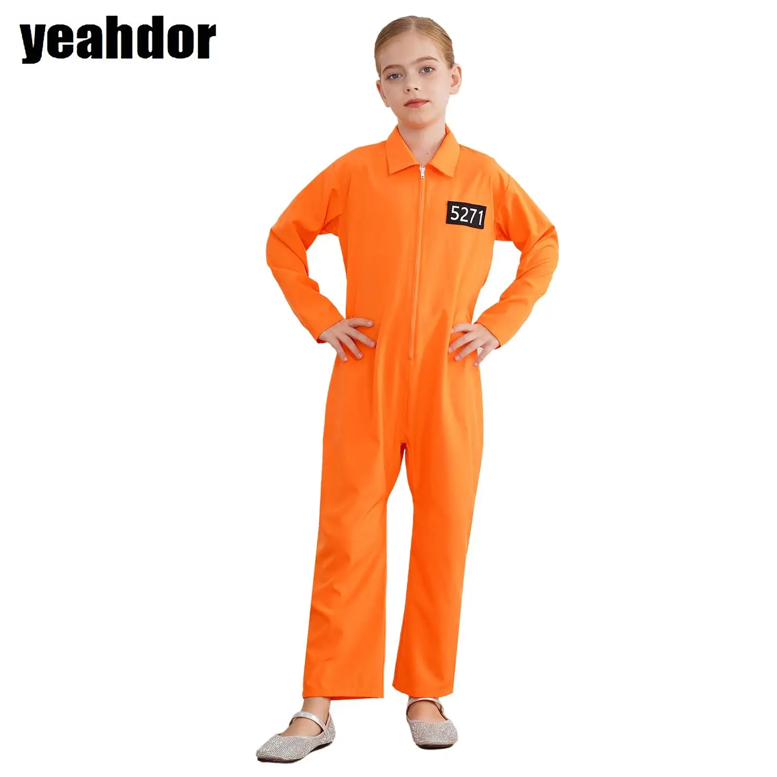 

Girls Orange Prisoner Jumpsuit Jailbird Outfit One Piece Long Sleeve Inmate Prison Uniform Halloween Cosplay Prisoner Costumes