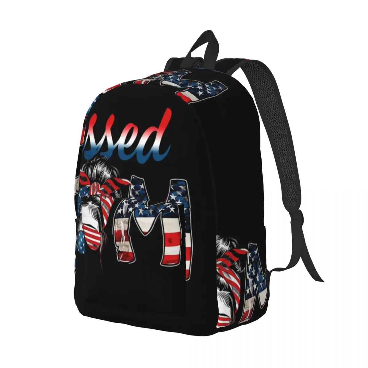Aesthetic School Backpack Center Blessed Mom Flag Patriotic Mom Lettering Red White Blue Work Daypack for Teachers Nurses Picnic