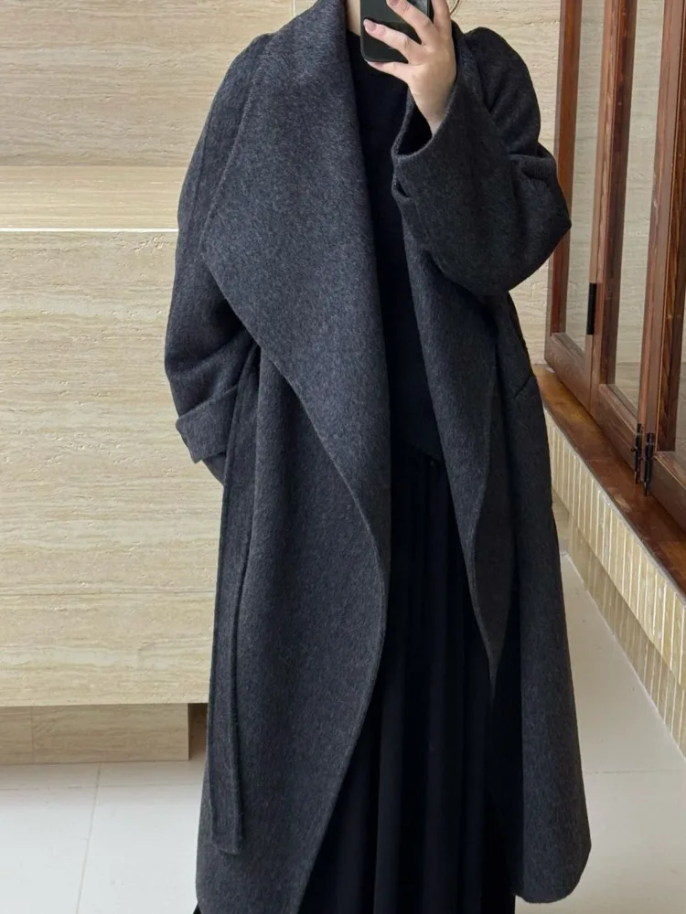 ZMEENNA manteau Long en mélange de laine pour femme avec ceinture col haut décolleté montant veste d'hiver élégante décontractée ZM3628