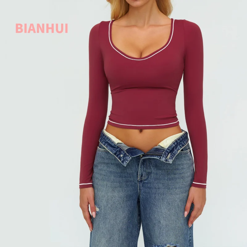 

BIANHUI Autumn Winter Yoga Long Sleeve Color-blocking Slim Fit Fashion T Shirt Outdoor Running Sports compression shirts Top