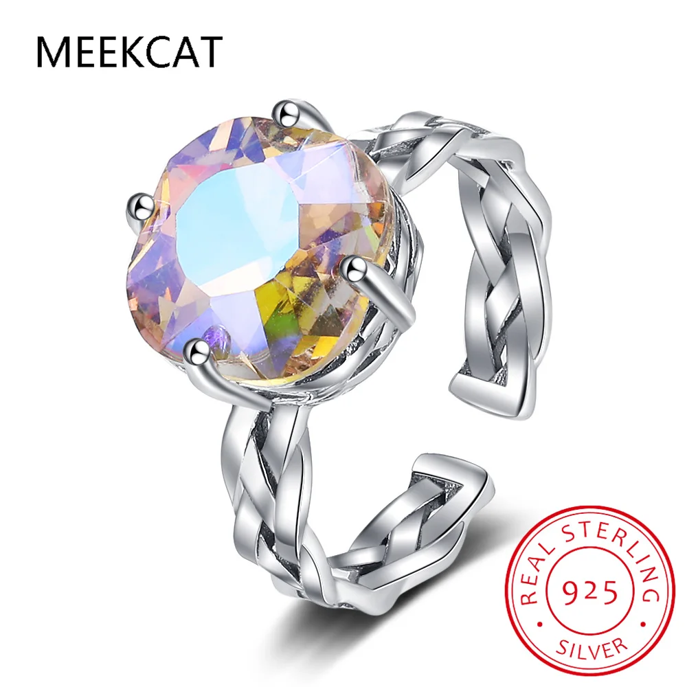 Round Natural Rainbow Mystic Quartz 925 Sterling Silver Vintage Braided Open Ring for Women Colorful Gemstone Jewelry Party Gift