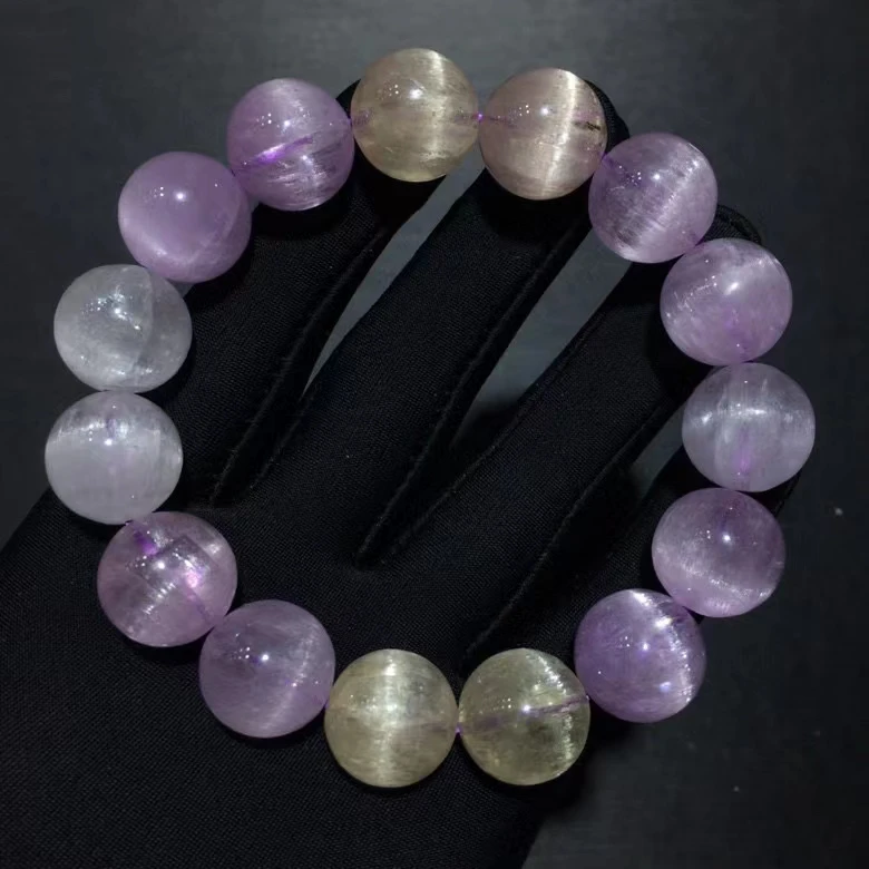 Natural Purple Kunzite Quartz Clear Beads Bracelet 15.2mm Cat Eye Fashion Women Men Kunzite Beads Powerful AAAAAA