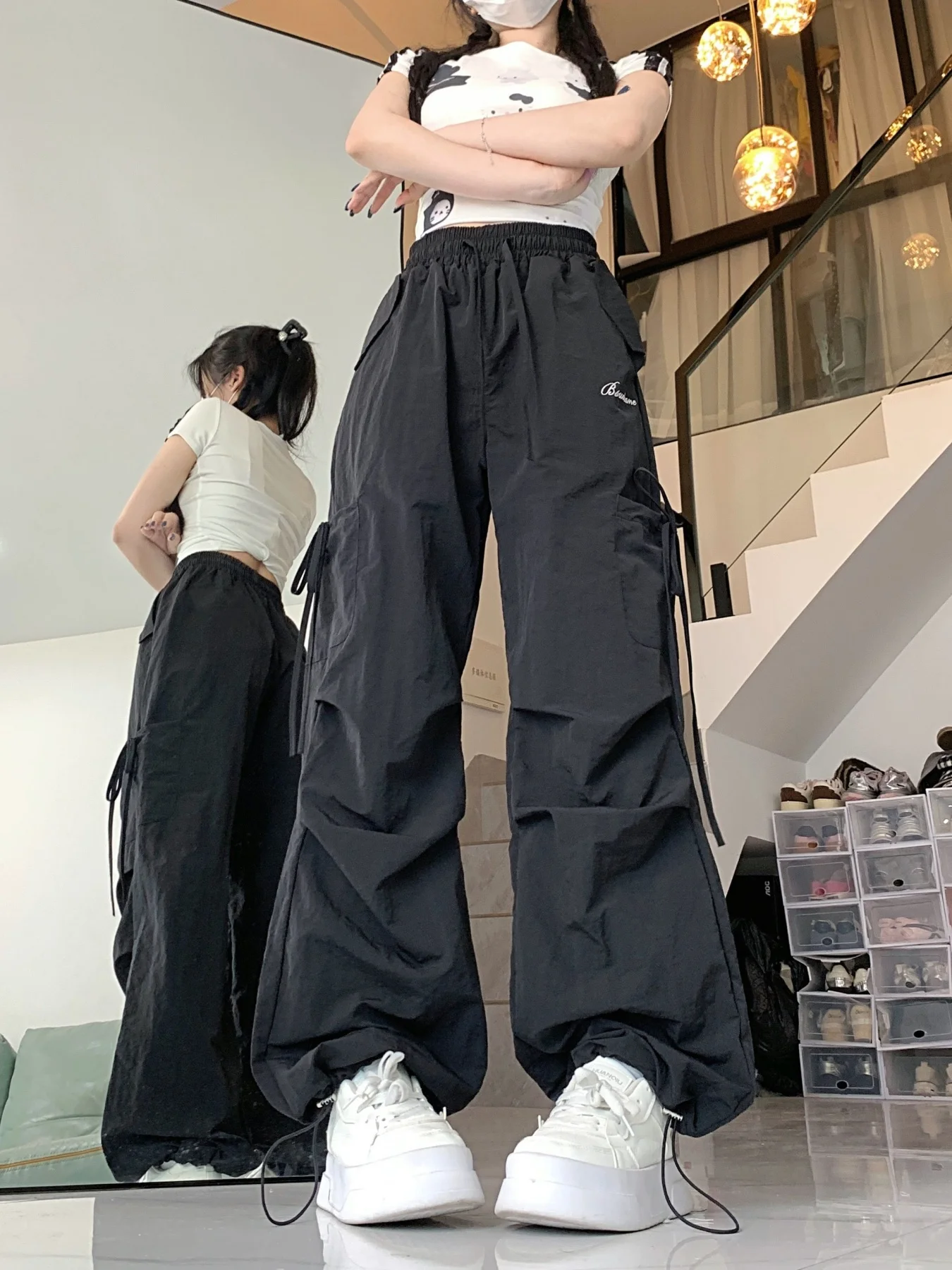 여성용 아메리칸 스타일 캐주얼 조거 팬츠, 새로운 봄, 가을 하이웨이스트 블랙 스트레이트 레그 얇은 캐주얼 루즈 레이지 다용도 와이드 레그 팬츠