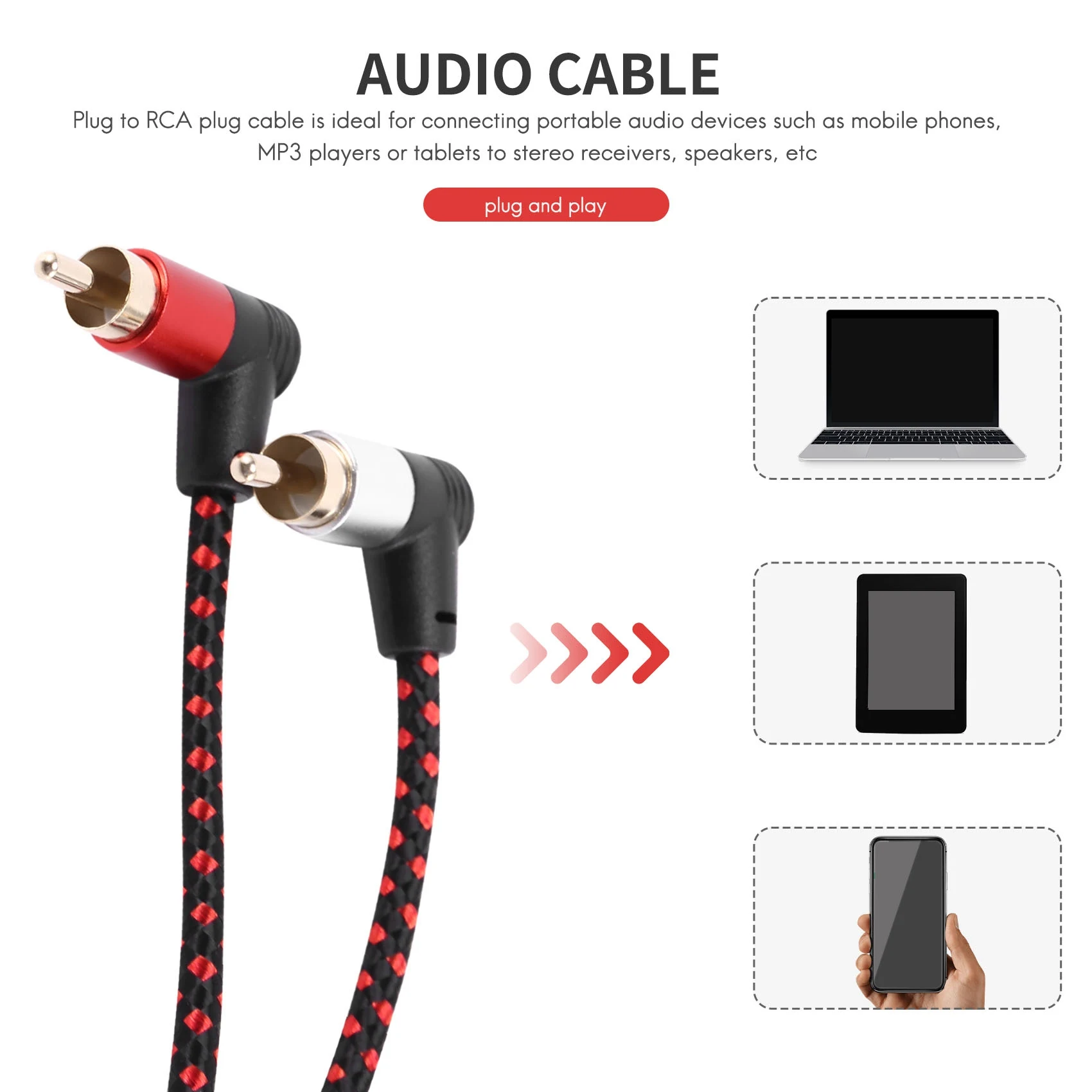 90 Degree 3.5mm Male to 2 RCA Male Cable Right Angle Stereo AUX Y Splitter Cord Microphone Jack Plug for Laptop 1M