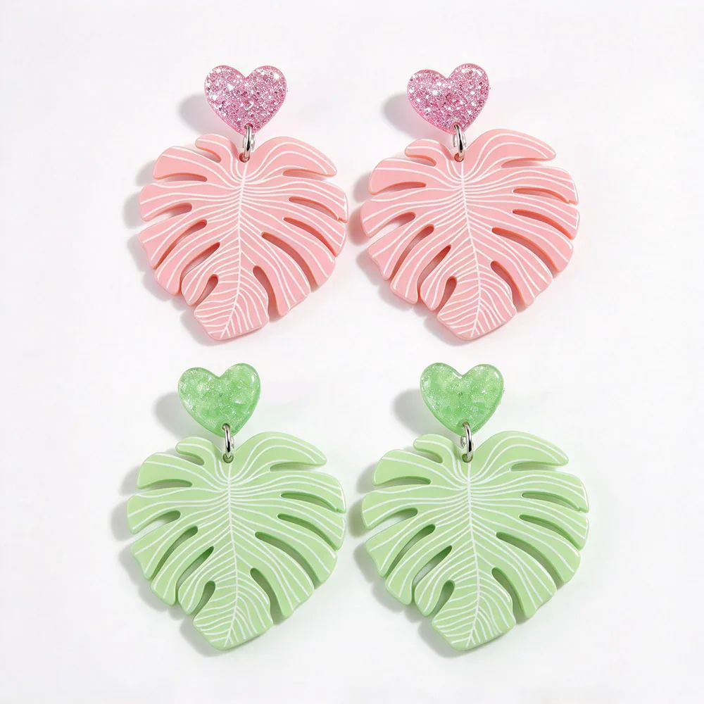 Cute Macaron Color Monstera Leaf Acrylic Drop Earrings Pink Green Leaves Heart Pendant Earring for Women Party Jewelry Gifts