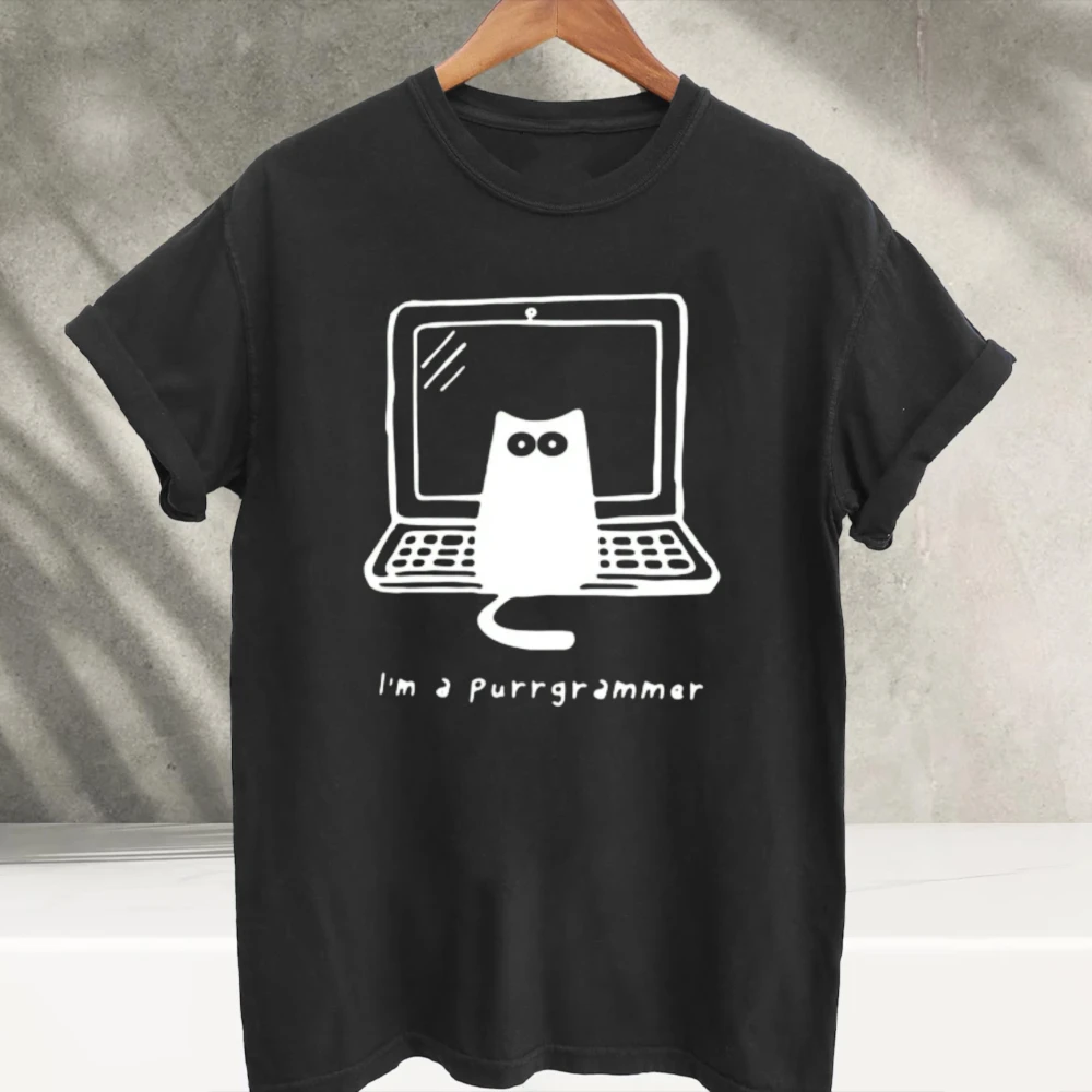 Unisex I'm A Purrgrammer Black Cat Laptop Graphic T‑Shirt Funny Coder Programmer Pun Pet Cat Art Print Soft Cotton Loose Tee Top