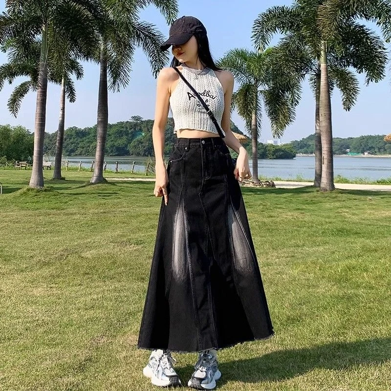 ​Women's Black Denim Frayed Hem Mid Length Skirt 2026 New Spring Summer High Waist Vintage Washed A Line Tiered​