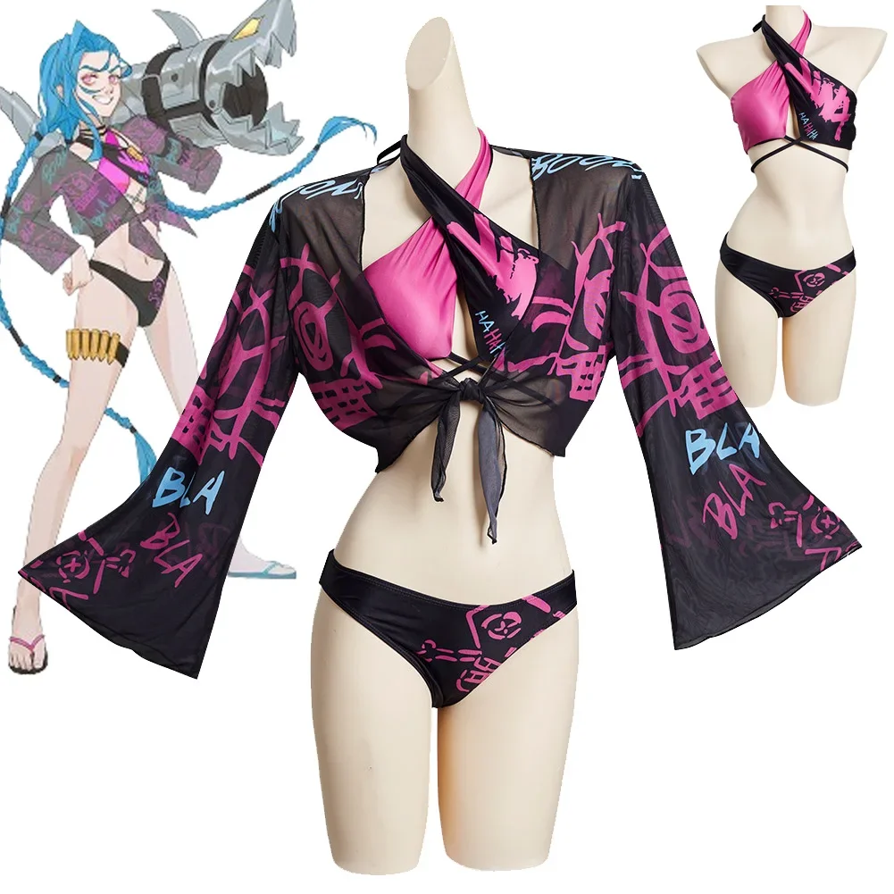 

Jinx Women Swimwear 3-piece Bikini Cosplay Costume Game LoL Adult Fantasia Swimsuit Roleplay Outfits Halloween Carnival Suit