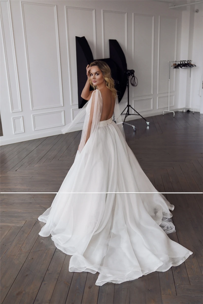 Customized Classic Deep V-neck Organza and Tulle Plus Size Wedding Dress Sexy Backless Court Bridal Gowns
