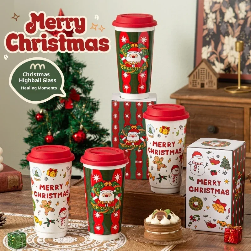 Christmas Ceramic Mug Coffee Cup with Silicone Lid Gift Box Latte Mug Here Comes Santa Claus Gifts for Kids Mom 580ml