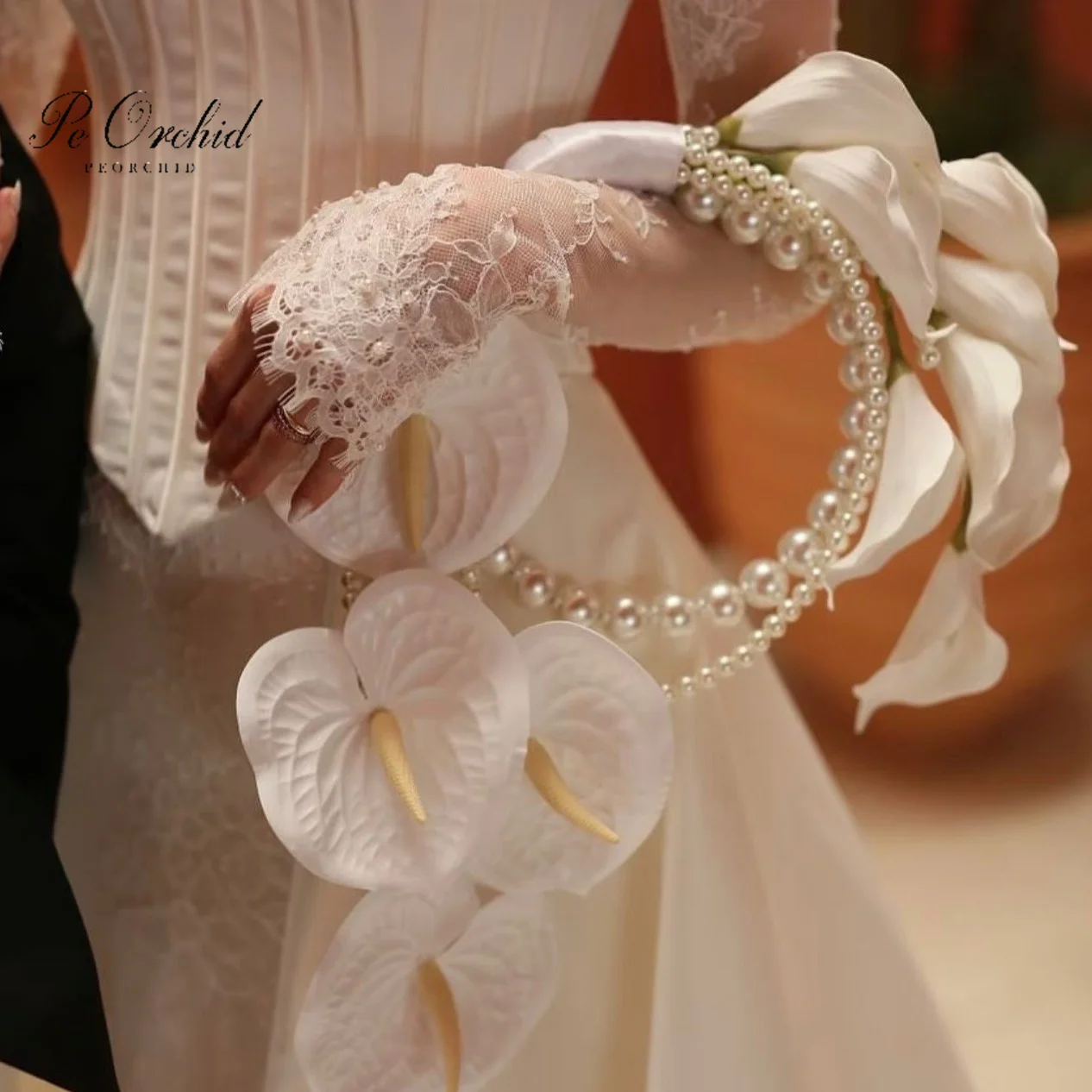 

PEORCHID Luxury Artificial Modern Hoop Bridal Bouquet Wreath Handmade Calla Lily Boho Faux Pearls Wedding Flowers Bouquet
