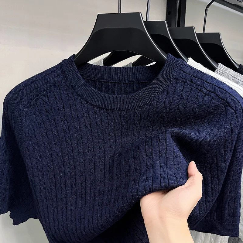 Summer New Round Neck Short-sleeved T-shirt Twisted Knitted Sweater Fashionable Men's Loose T-shirt