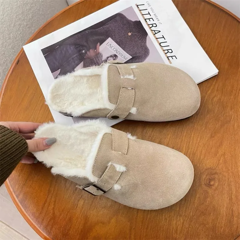 Zuecos clásicos de piel cómodos para mujer, plantilla de corcho, zapatilla de felpa con soporte de arco, zapatos de gamuza peludos acogedores, nueva moda de invierno