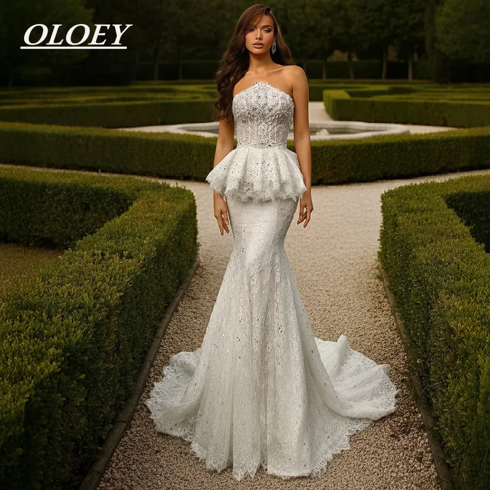 OLOEY Luxury Lace Mermaid Wedding Dresses Beaded Crystals Strapless Bridal Gown Customized Sweep Tail Vestidos De Novia