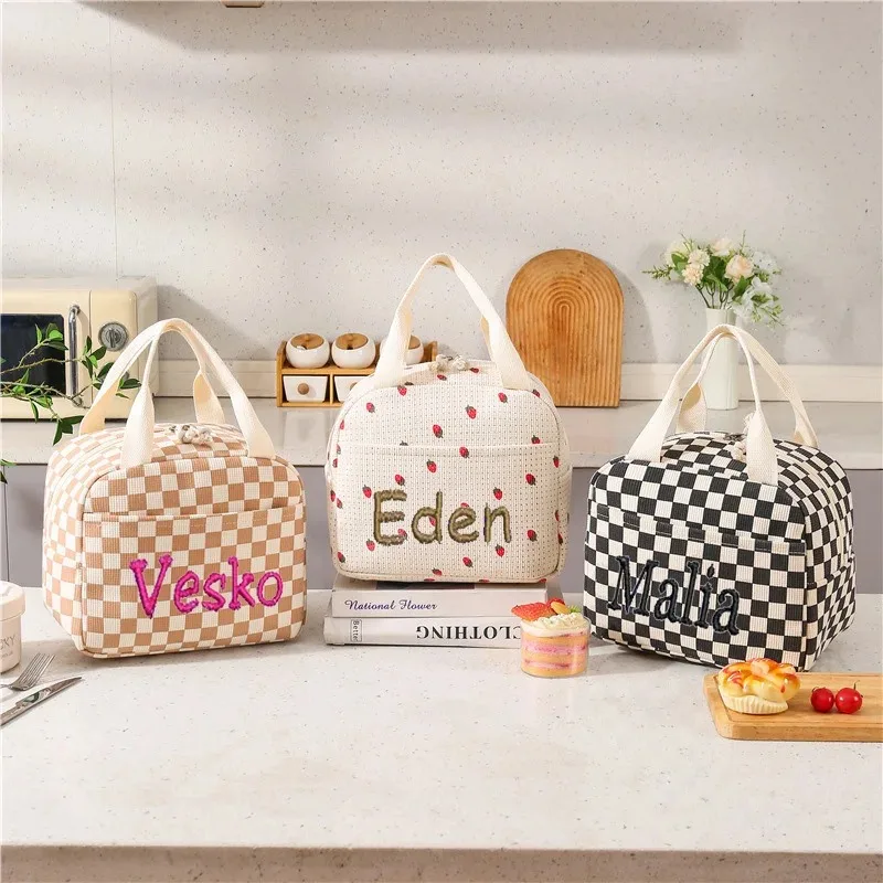 Bolsa de almuerzo de pana con nombre personalizado, aislamiento térmico, fiambrera escolar para niños, refrigerador de picnic, bolso de almacenamiento, bolsa de comida