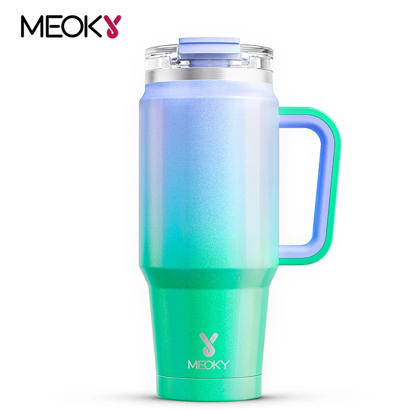 

Meoky 32 Ounce Insulated Travel Mug, Dual Port Car Cup with Green and Purple Gradient, Durable and Leak-Proof Coffee Cup