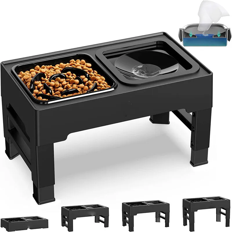 Einstellbare Höhe Haustiere Erhöhte Schüsseln Hund Doppel Schüsseln Edelstahl Ständer Haustier Langsam Fütterung Schüssel Lebensmittel Wasser Feeder Hund Zubehör