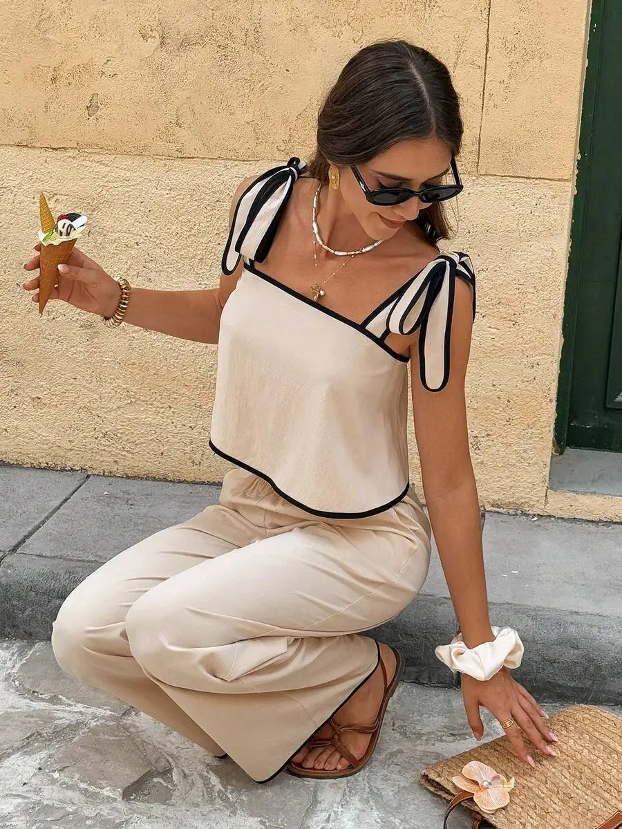 

Женский комплект из топа-камизола с открытыми плечами и брюк с широкими штанинами, 2 предмета, с бантовыми бретелями, бежевый, летний повседневный наряд
