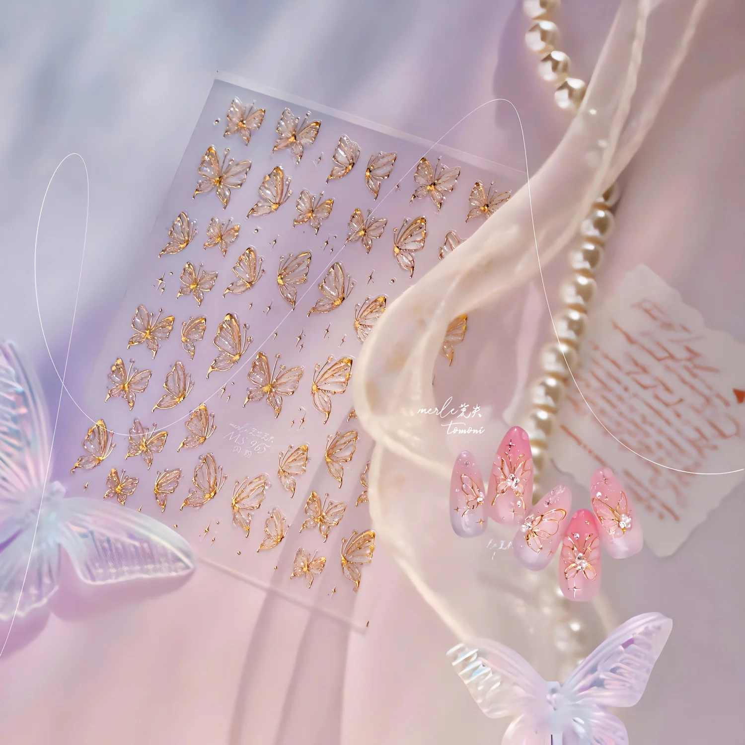 1PCS Set Glossy Gold Foil Butterfly Nail Stickers Wing Nail Art Accessories Self-adhesive Dreamy Fairy Elegant Style Stickers