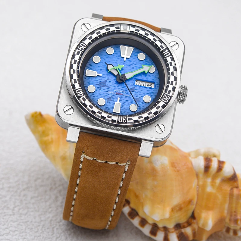 Seiko Watch Blue Dial Automatic Watch for Men Sapphire Glass Crown at 3.0 Oclock 20ATM Waterproof Transparent Bottom Back Cover