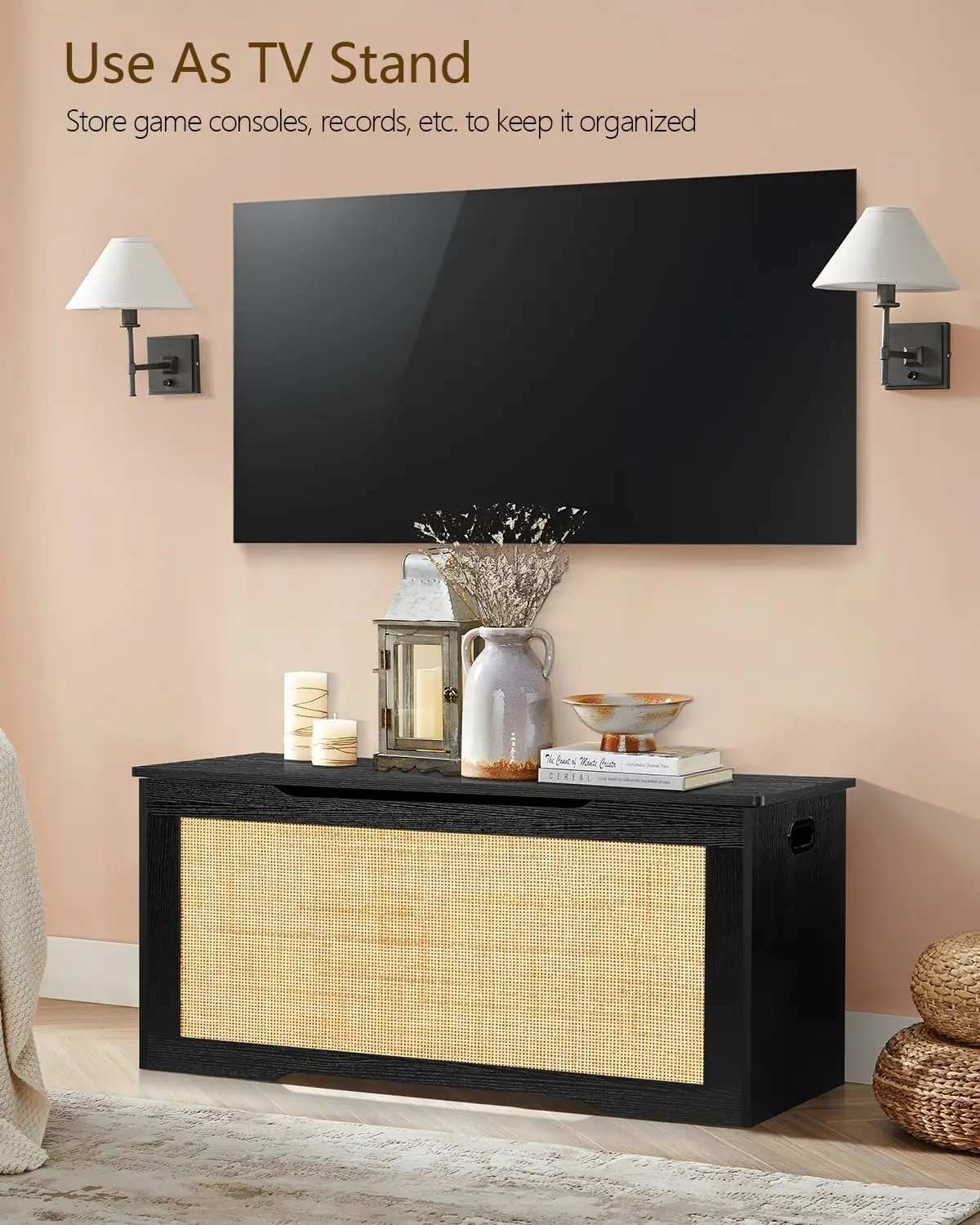 Storage Chest with Rattan, Wooden Storage Bench with 2 Safety Hinges, Lift Top Storage Box with Gel Bumpers,