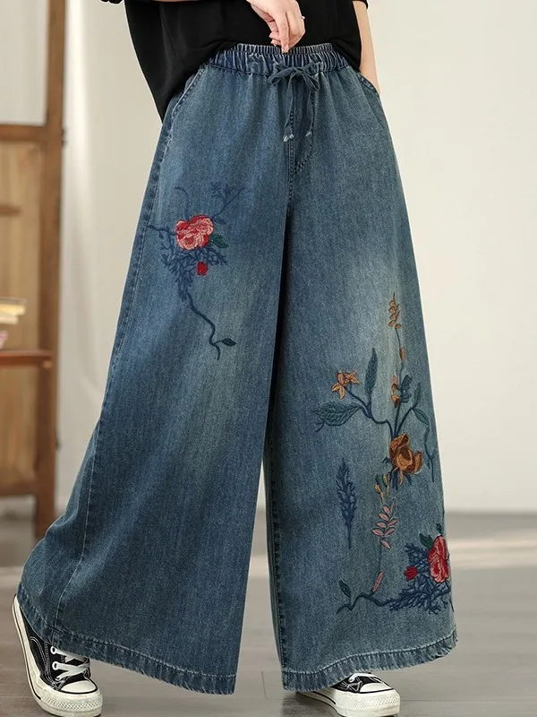 

Waed Denim Wide Leg Pants Ethnic Sle Heavy Embroidery Women's Loose Fit Casual Trousers Elastic Waist Slimming Jeans