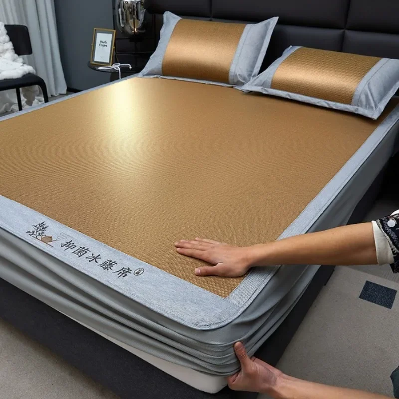 Summer antibacterial and bacteriostatic washable ice rattan soft mat compound thickened sandwich fitted sheet style
