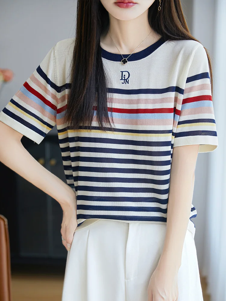 

Laceelle Stripe Knitwear ort Sve Casual Top Women Summer oulder Width Regular Fit round Ne Pullover T-irt
