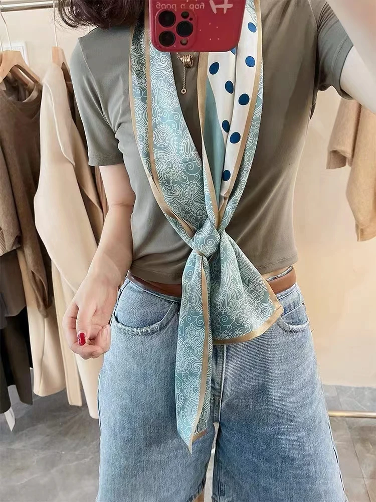 BYSIFA| Blue White Long Silk Scarf Headband Spring Summer Fashion Brand Dot Pattern Pure Silk Ribbons Scarves Floulard Printed