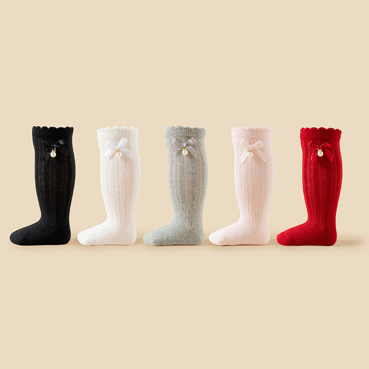 

Pearl Pendant Bow Baby Knee High Socks Spring Autumn Children Cotton Sock Footwear Solid Color Bowknot Toddler Long Stockings