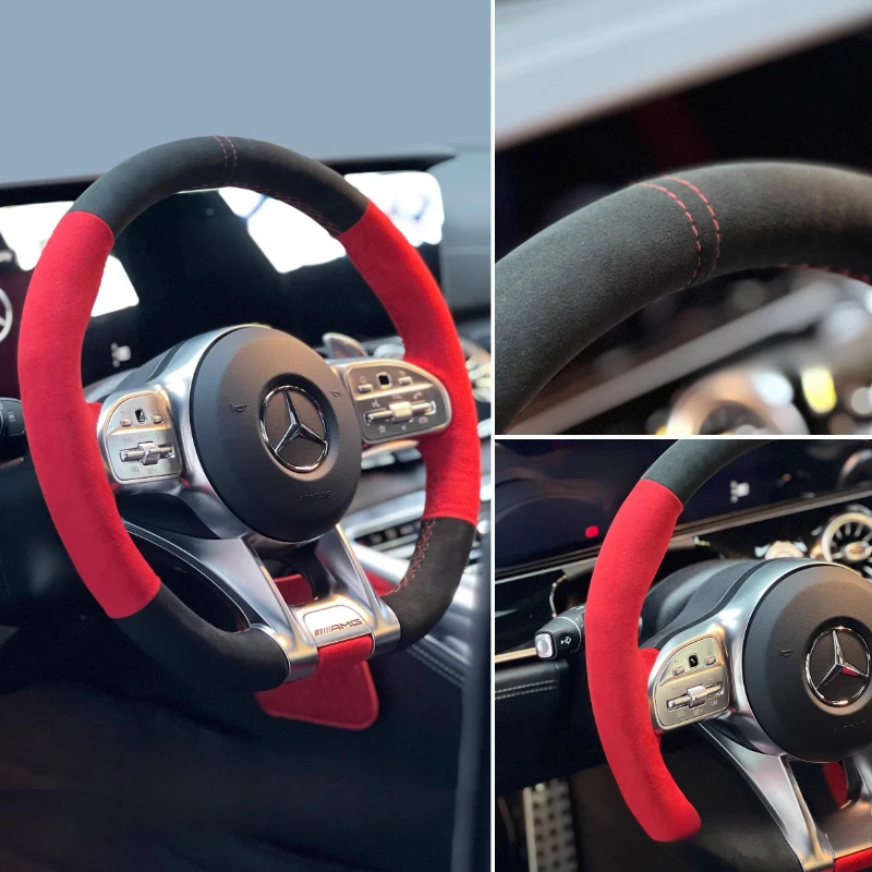 For Mercedes Benz AMG CLA CLS GLB GLE W177 W167 R190 W205 W222 Hand-stitched Black Red Suede Car Steering Wheel Cover