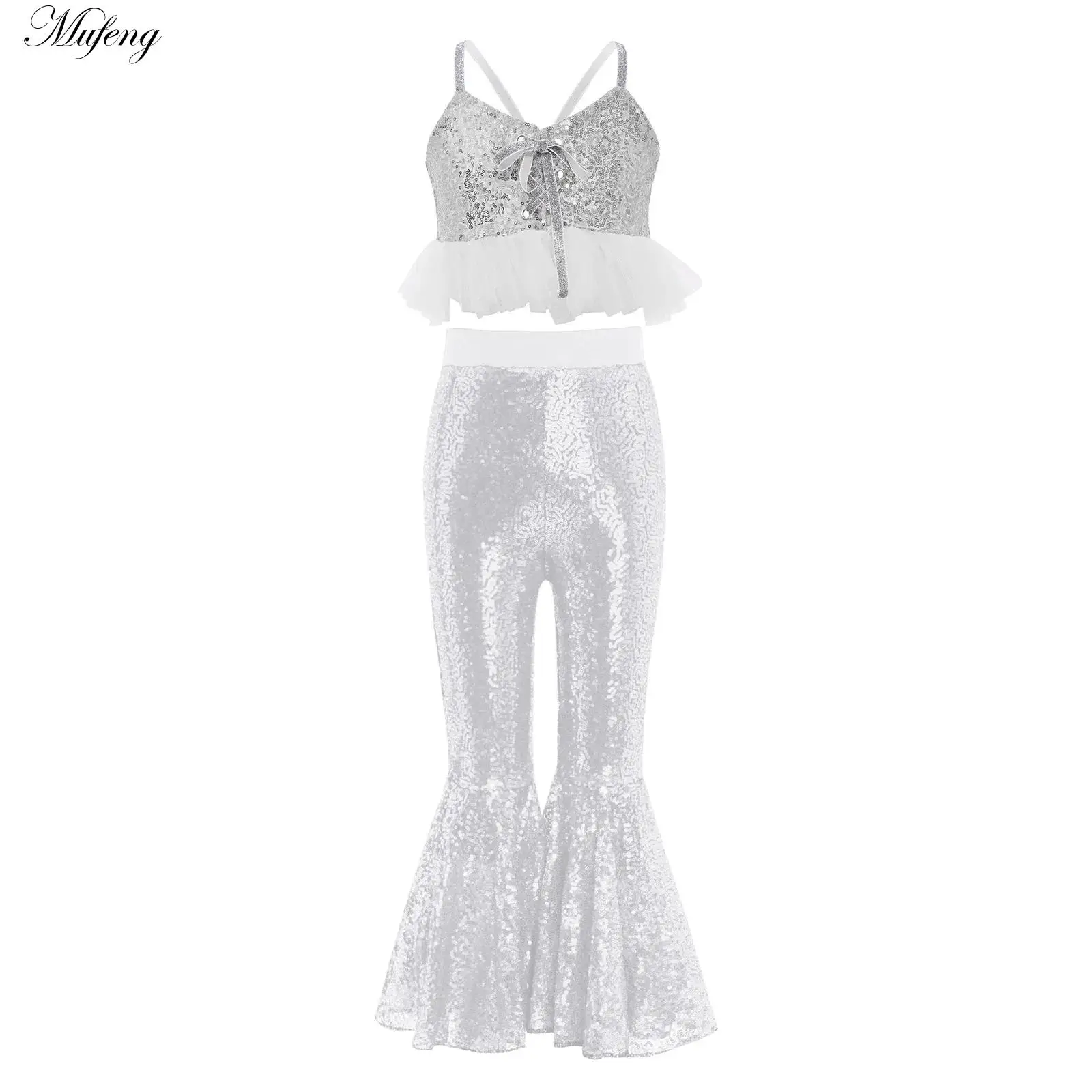 

Детский костюм для джазовых танцев для девочек, костюм с блестками, тюль с оборками, укороченный топ, расклешенные брюки-клеш для сценического шоу