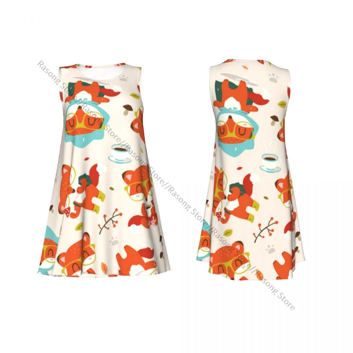 Women's Dress Cartoon Fox Summer Casual T Shirt Beach Cover up Tank Dress