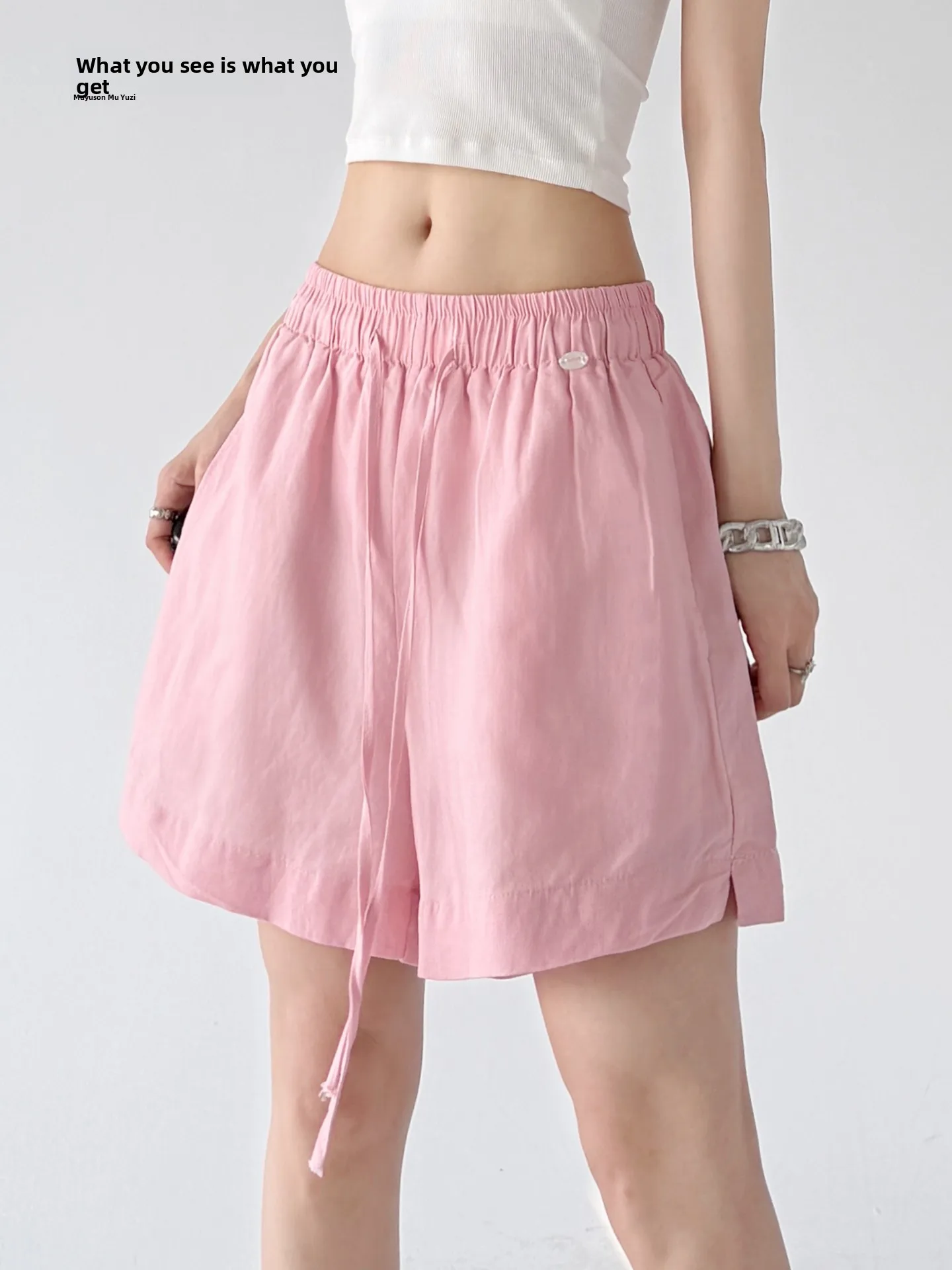 Pink Loose Casual Shorts Women's High Waist Summer New Style Versatile Student Trousers Commute Style Natural Waist Cotton Linen