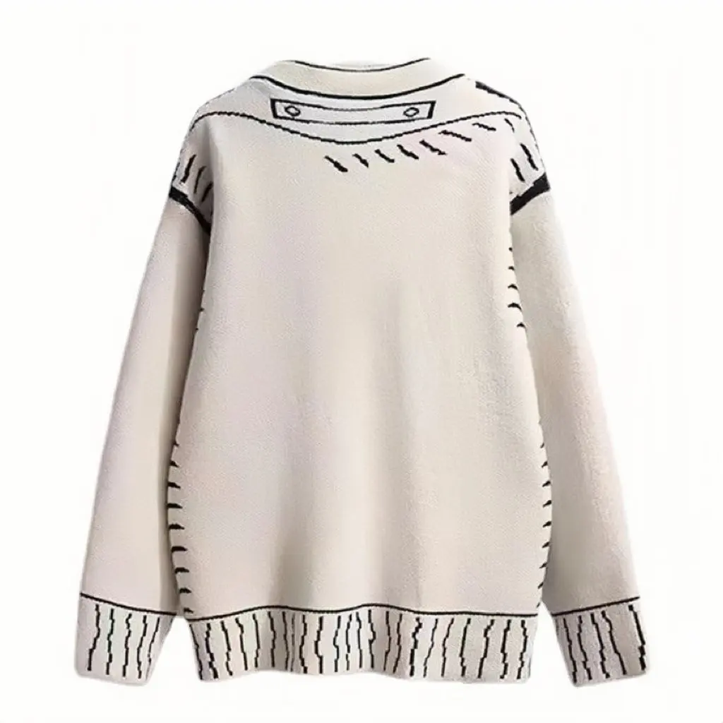 

Maoning Women's Black White Jacquard Knitted Cardigan Loose Lazy Style European American Autumn Winter Sweater