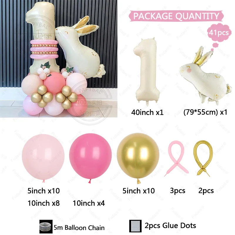 41Pcs Balloons Cute Rabbit Series Theme Pink Latex Balloons for Bridal Baby Shower Bachelorette Birthday Party Decoration