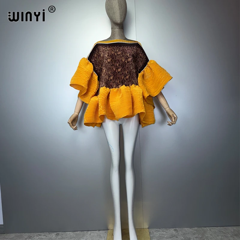 WINYI Women's Pleated Elastic Casual Top Kawaii Africa Jacket Summer Beach Cover up T-Shirts Evening Dress
