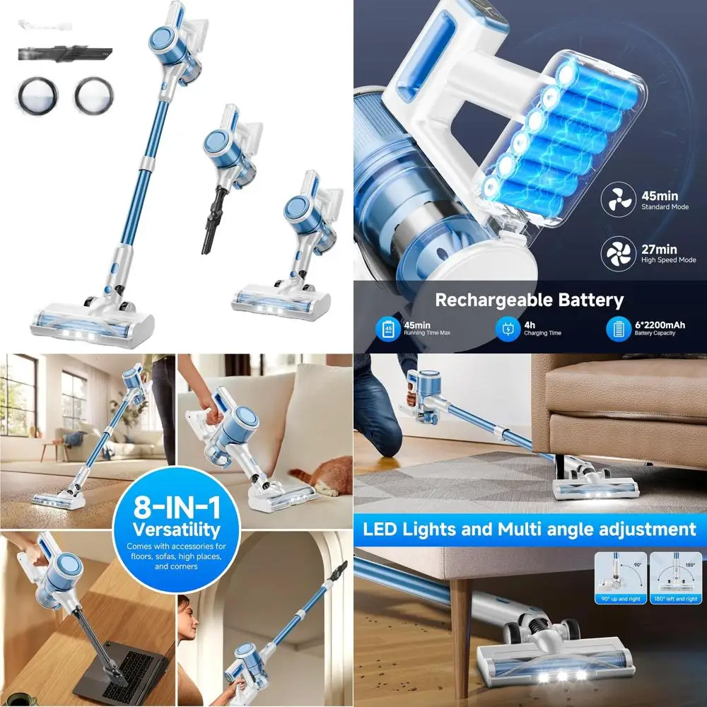 

Lightweight Cordless Stick Vacuum, 45-Minute Max Run Time, 8-in-1 Handheld for Floors & Pet Hair, Blue & White