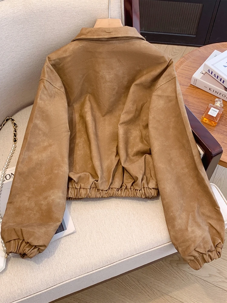 Short Jacket Outerwear Women's Spring Autumn Large Size Chic European Style Motorcycle Clothes Leather Shirt Commute Style Lo...